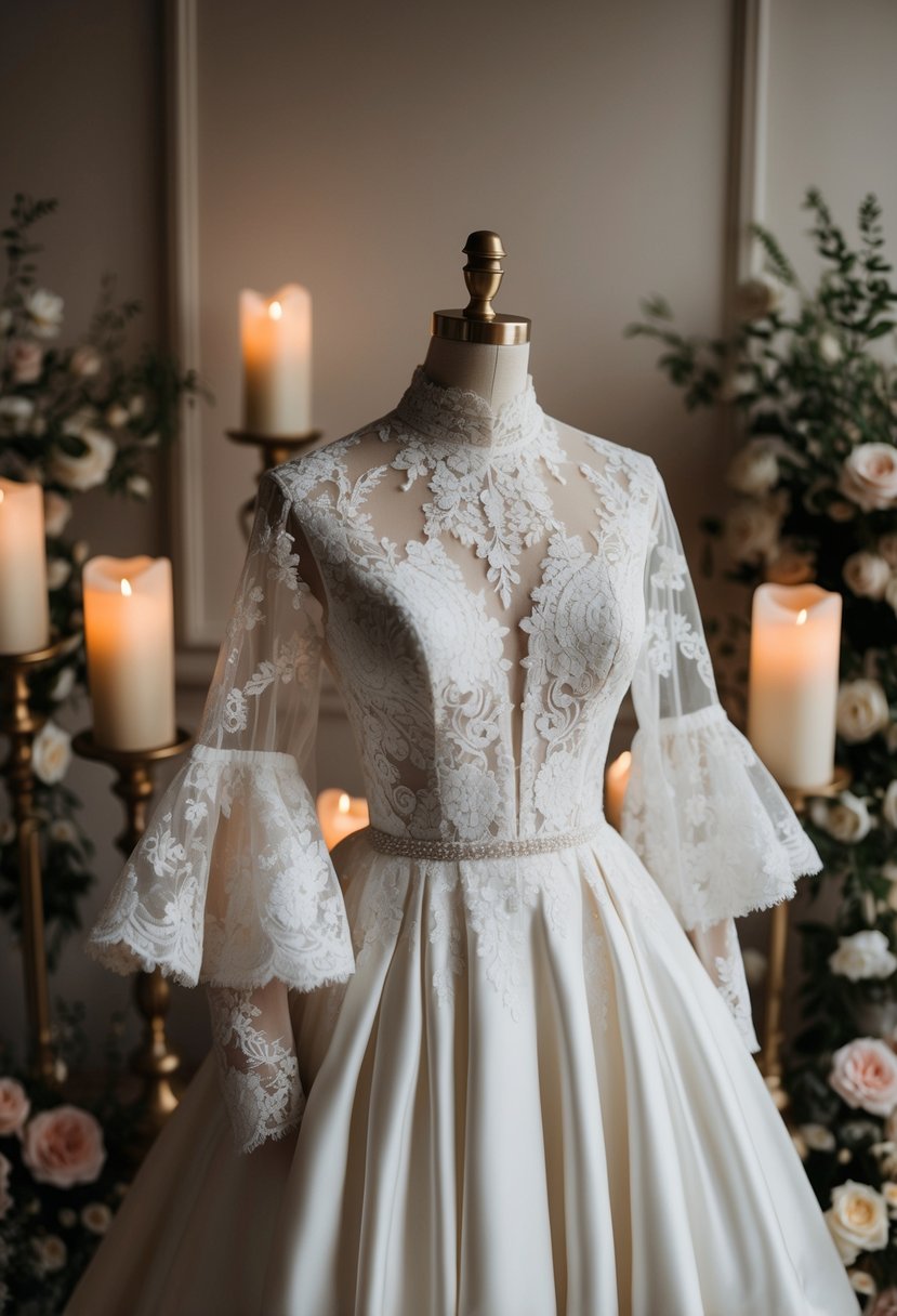 A lace-detailed high-necked wedding dress with billowing sleeves, surrounded by vintage floral decor and soft candlelight