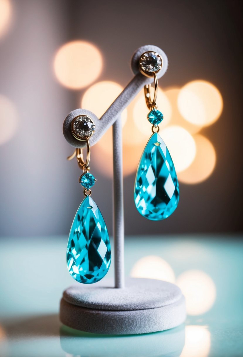 Two sparkling turquoise crystal drop earrings displayed on a velvet jewelry stand