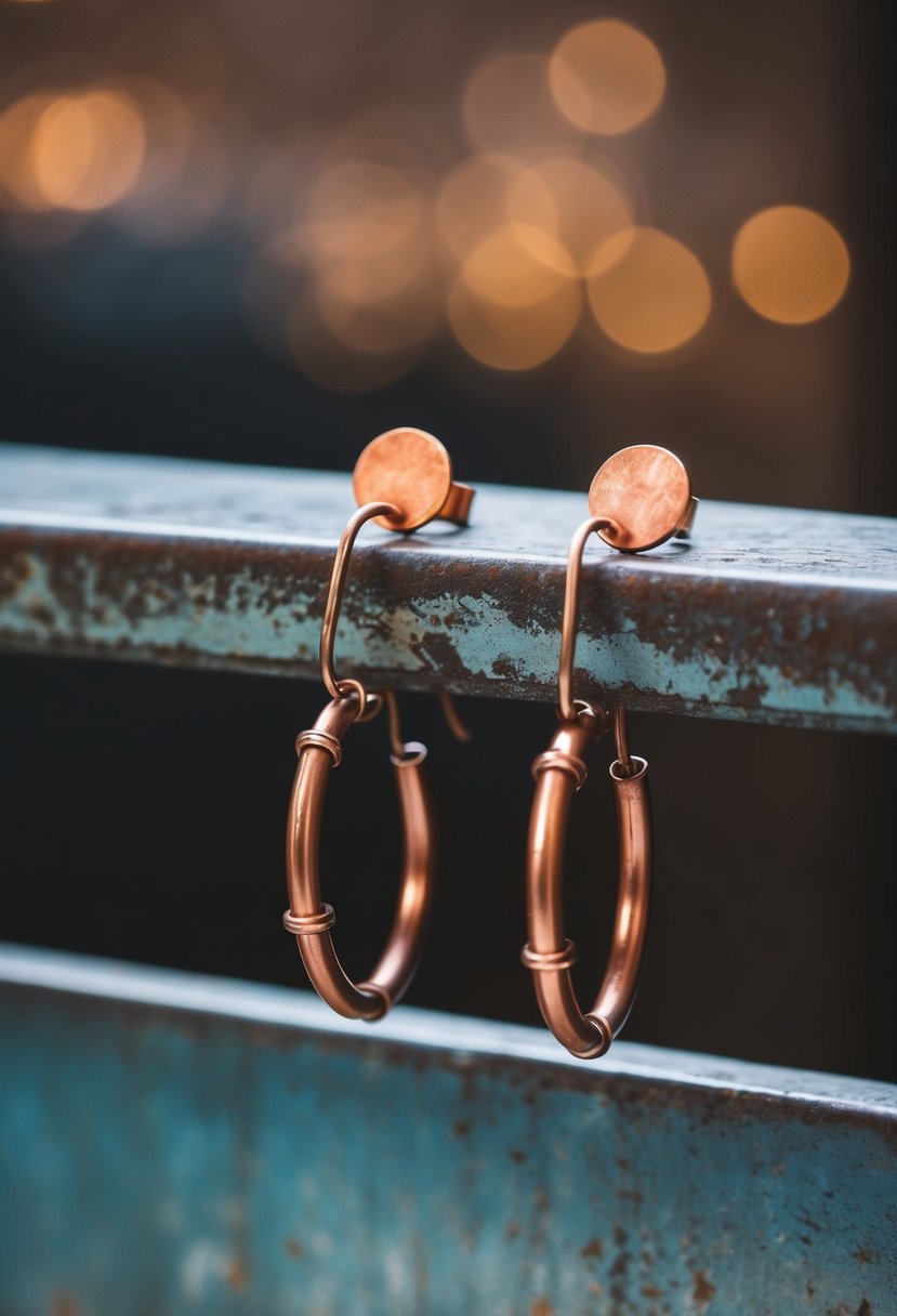 A rustic industrial bar with copper patina earrings on a weathered metal surface