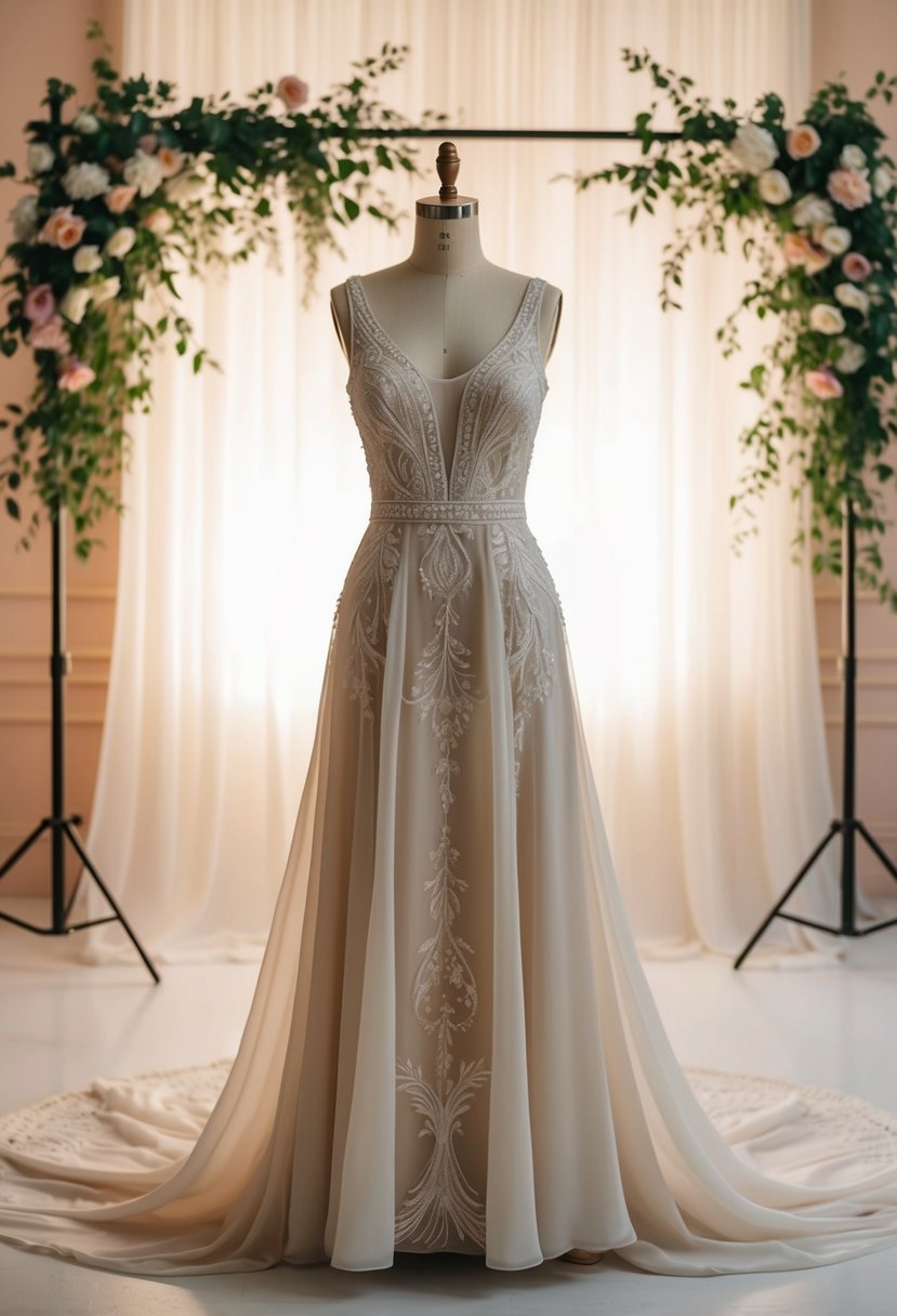 A flowing chiffon wedding dress with intricate 70s-inspired embroidery, set against a backdrop of soft, romantic lighting and vintage floral accents