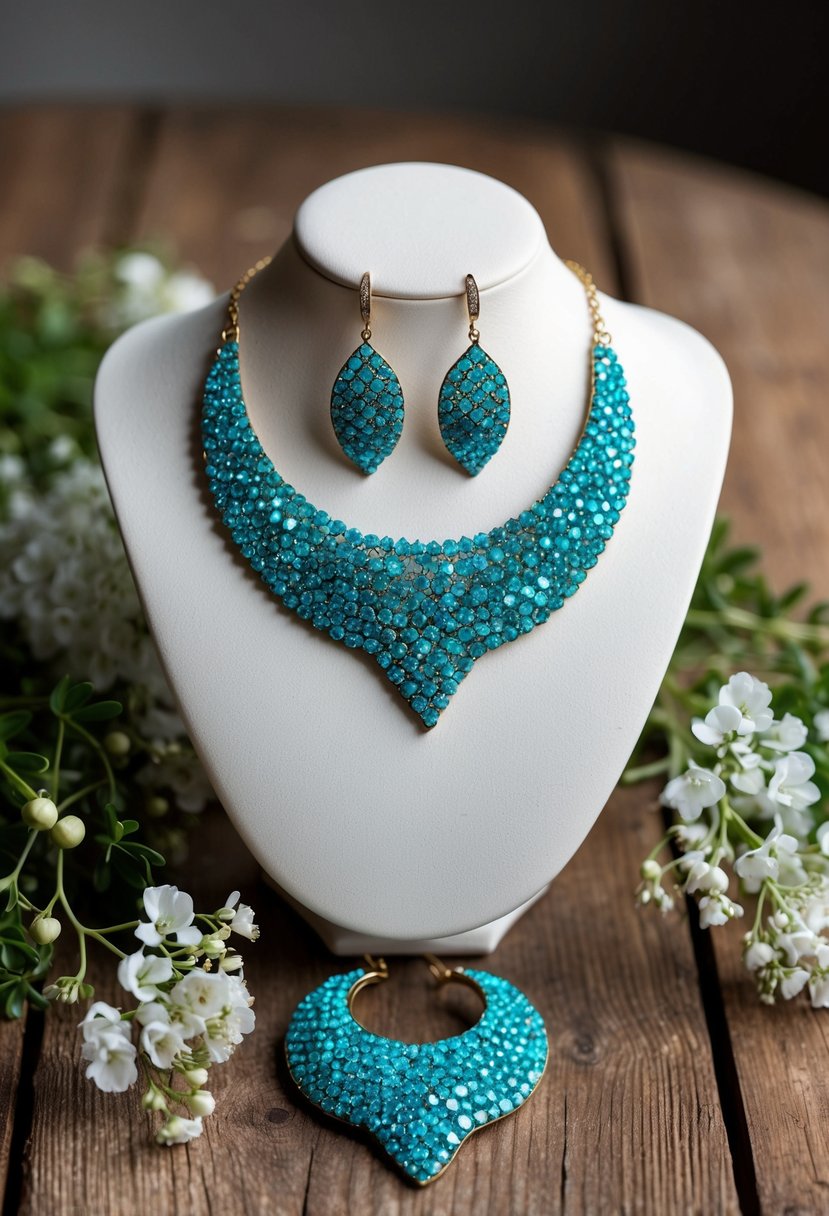 A sparkling turquoise necklace and matching earrings displayed on a rustic wooden table, surrounded by delicate white flowers and greenery