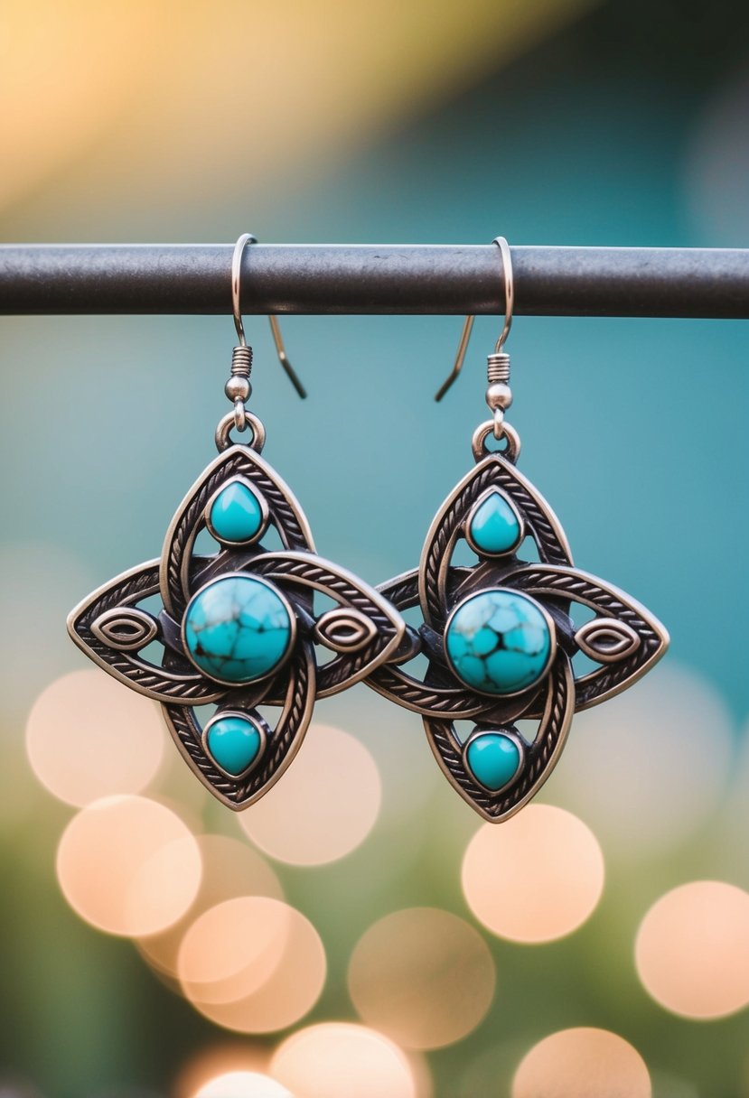 A pair of industrial wedding earrings featuring a Celtic knot design adorned with turquoise stones