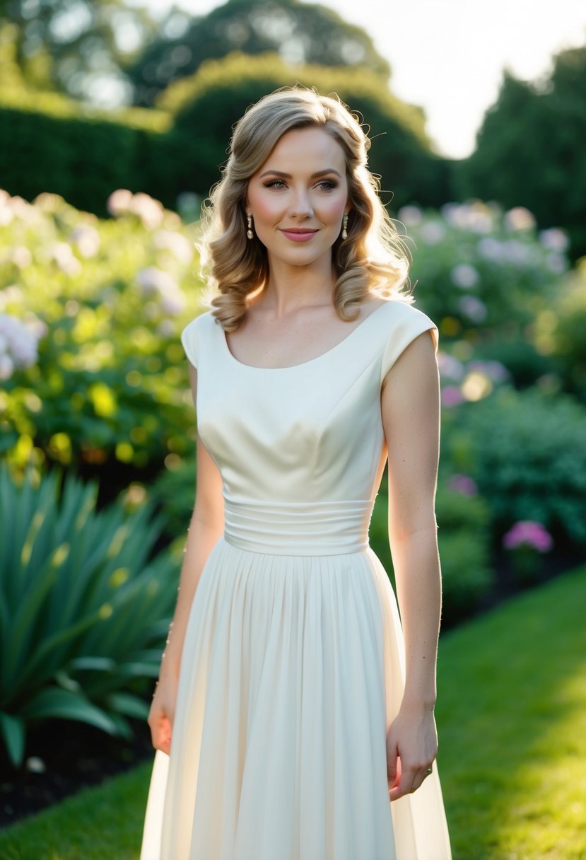 A bride in a 70s vintage wedding dress with timeless cap sleeves, standing in a sunlit garden