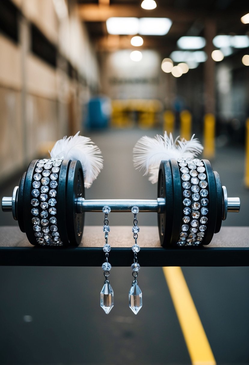 A barbell adorned with crystals and feathers, evoking an industrial wedding aesthetic