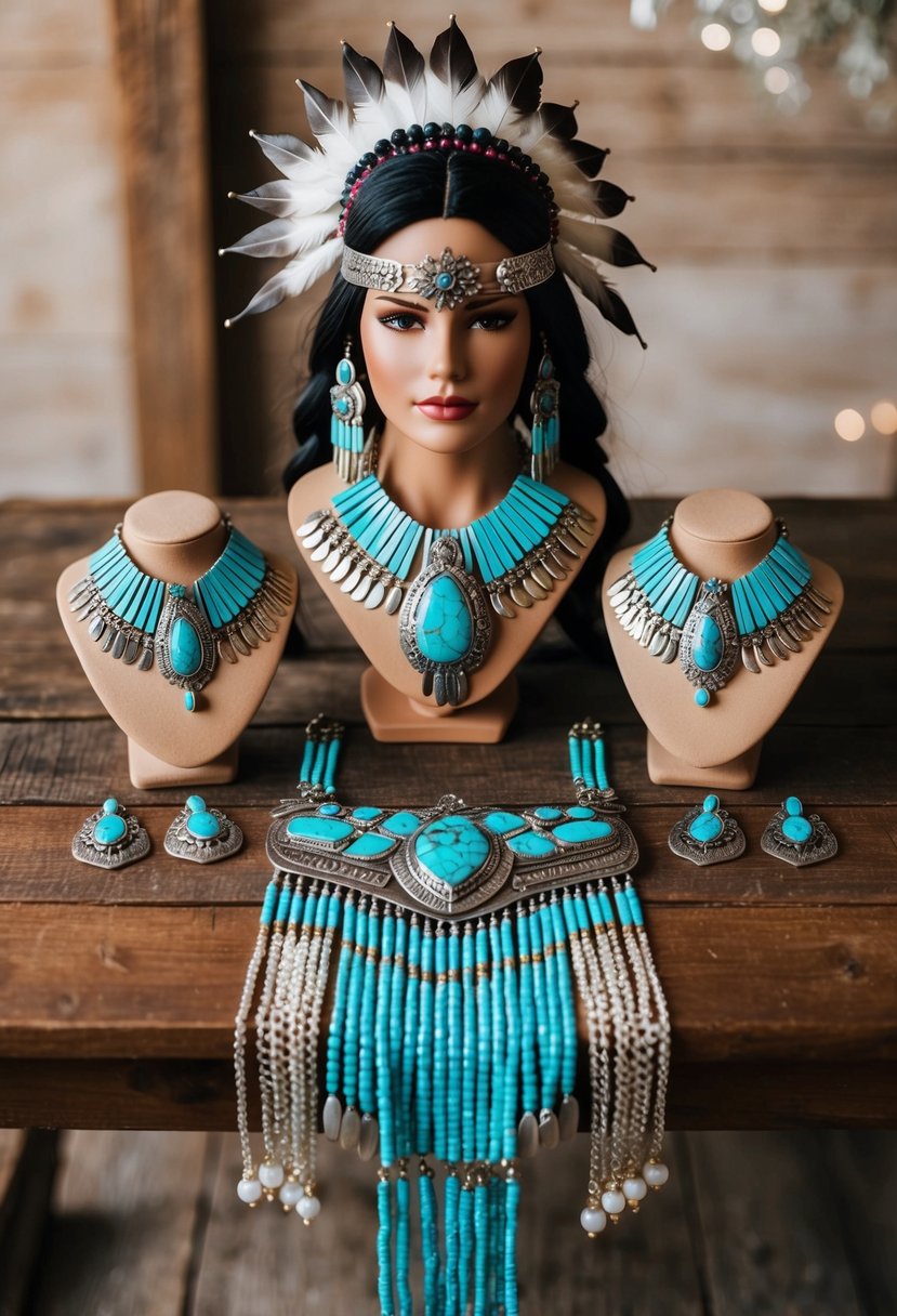 A Native American bride's turquoise bridal set displayed on a rustic wooden table with intricate silver details and delicate turquoise gemstones