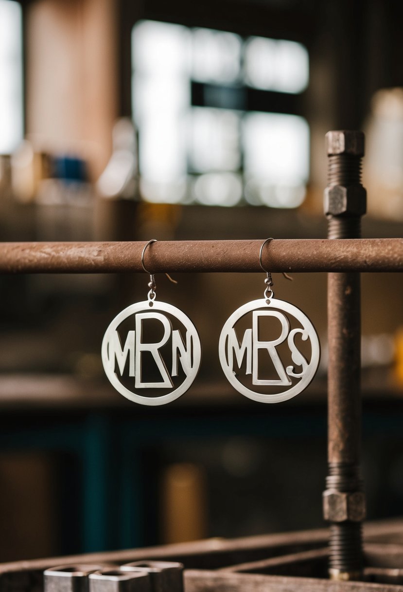 A rustic workshop with personalized metal monogram earrings being crafted for an industrial-themed wedding