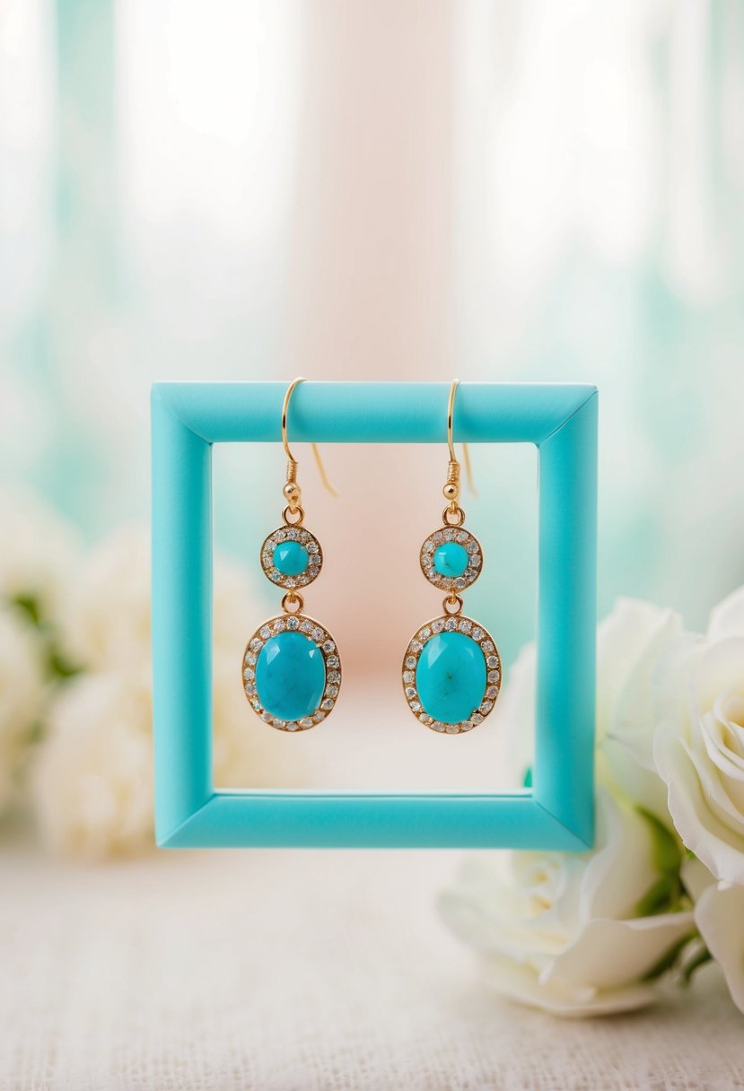 A delicate aquamarine frame holds a pair of dazzling turquoise earrings, set against a soft, romantic backdrop, evoking the perfect inspiration for turquoise wedding earrings