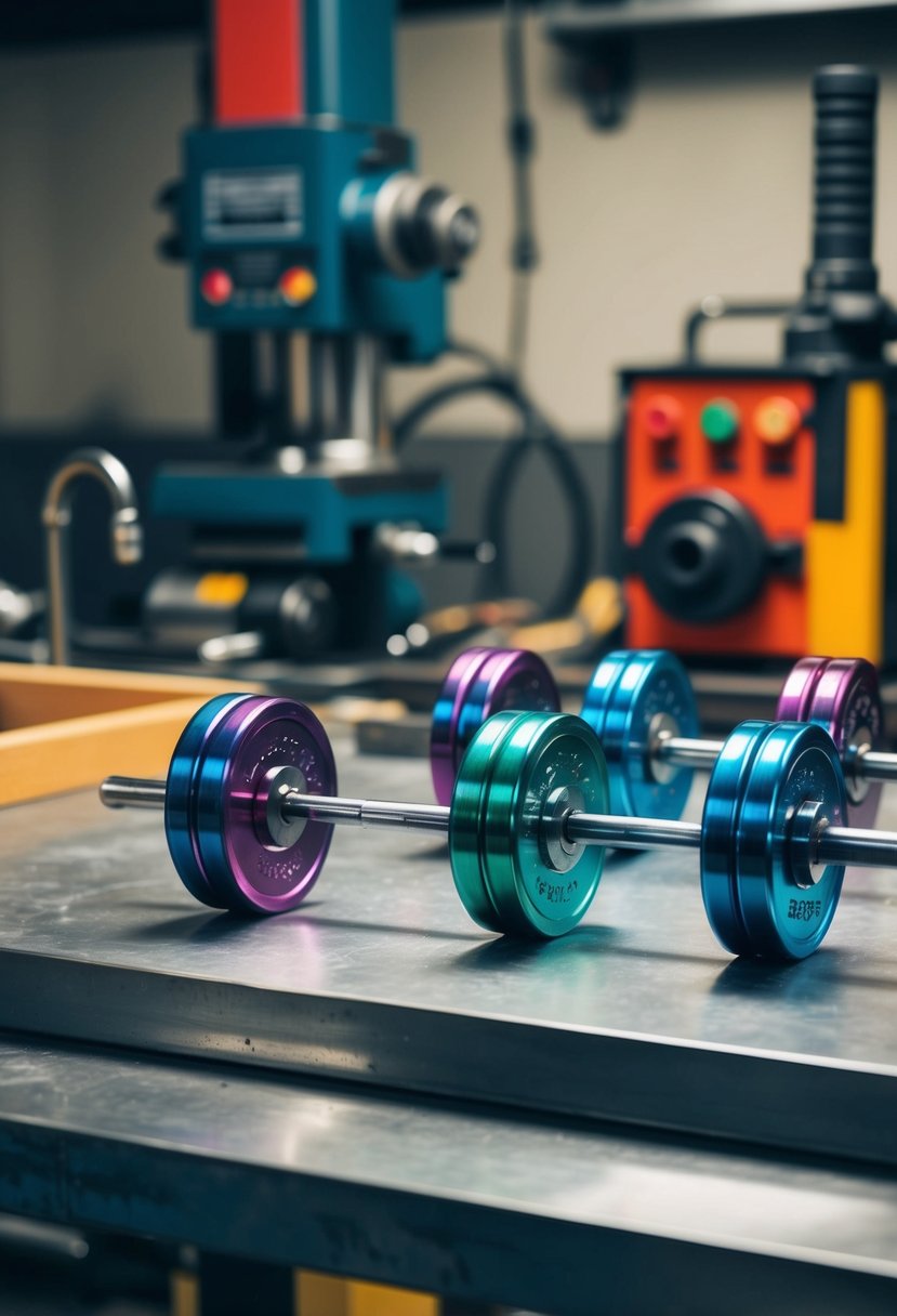 Rainbow titanium barbells arranged on a metal workbench with industrial tools and machinery in the background