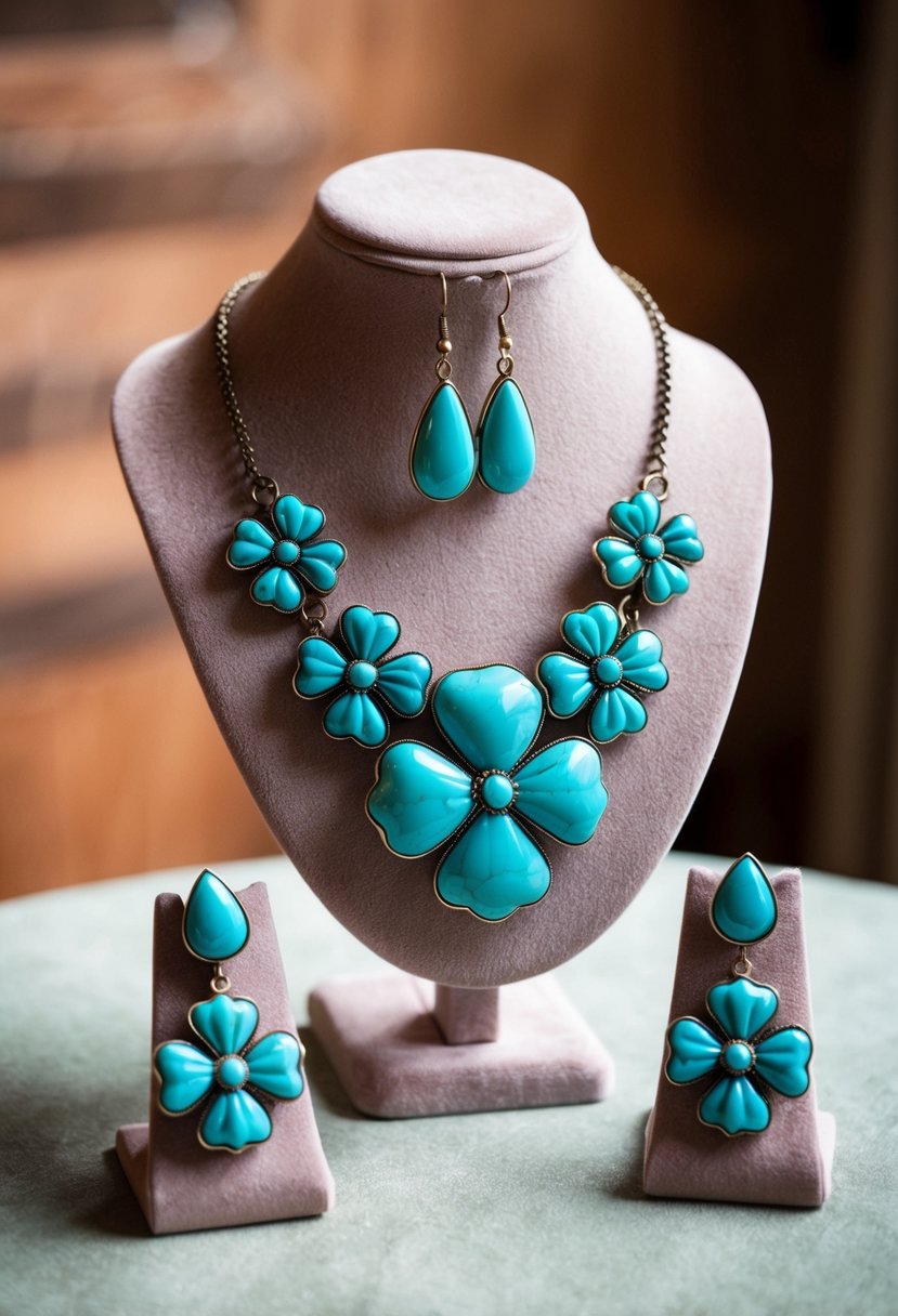 A turquoise squash blossom necklace and matching earrings displayed on a velvet jewelry stand