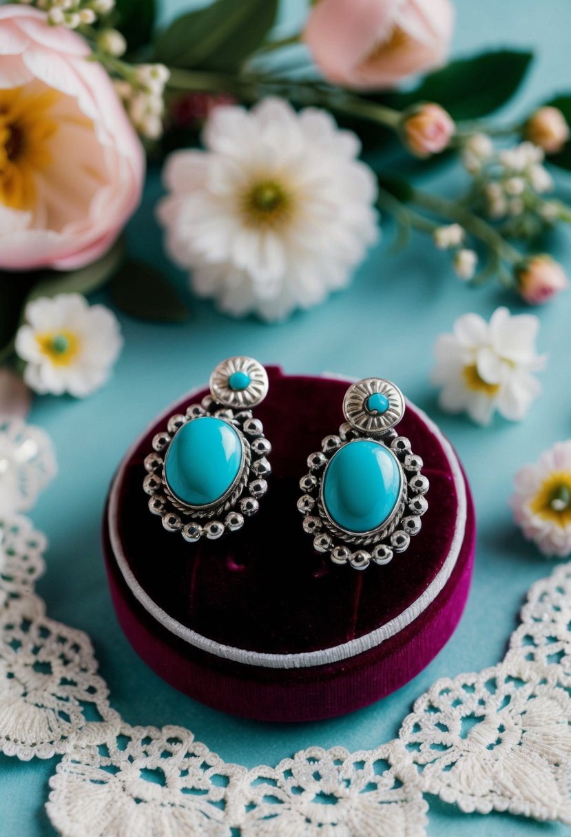 A pair of silver-plated earrings with turquoise stones, displayed on a velvet cushion, surrounded by delicate lace and floral decorations