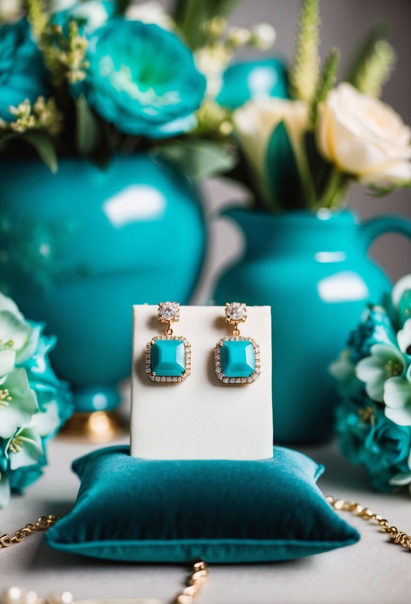 A pair of cubic teal blue bridal earrings displayed on a velvet cushion, surrounded by turquoise wedding decor and floral arrangements