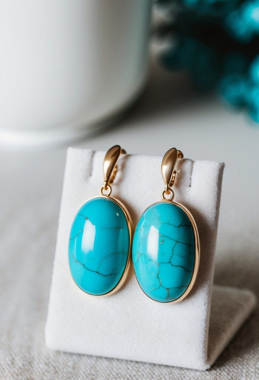 A pair of turquoise stone earrings with an omega clip, arranged on a white velvet jewelry display