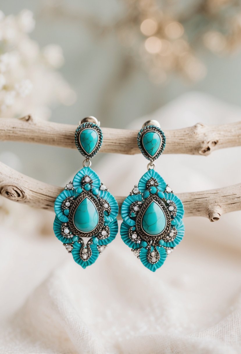 A pair of intricate, handmade turquoise bridal earrings set against a soft, dreamy background, with delicate details and shimmering accents