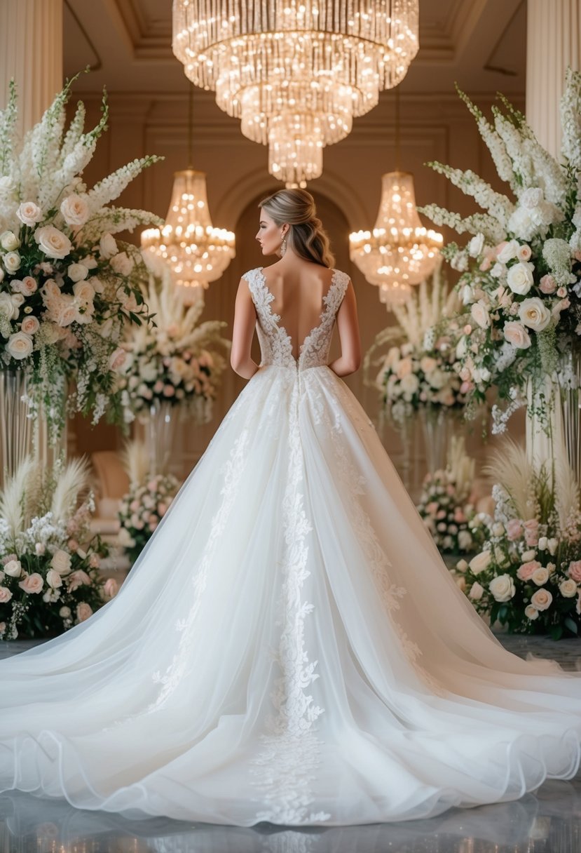 A flowing white gown adorned with delicate lace, surrounded by opulent floral arrangements and sparkling chandeliers