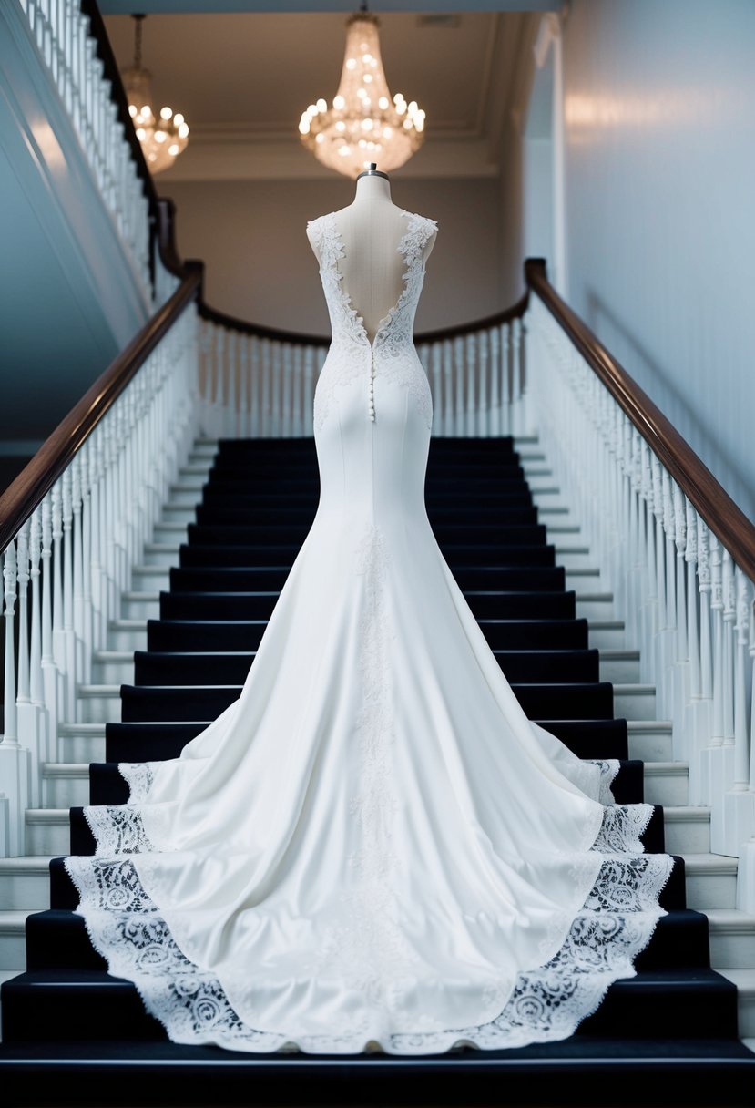 A sleek, form-fitting wedding dress with intricate lace detail and a dramatic train cascading down a grand staircase