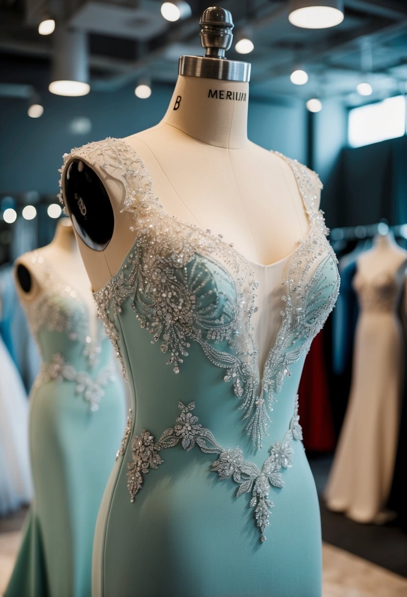 A mermaid crepe dress cascades down a mannequin, adorned with delicate lace and intricate beading, evoking a sense of elegance and sophistication