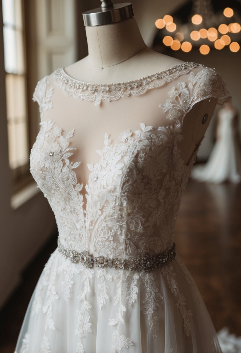 An elegant lace A-line wedding dress with an illusion neckline, adorned with delicate beading and intricate floral details