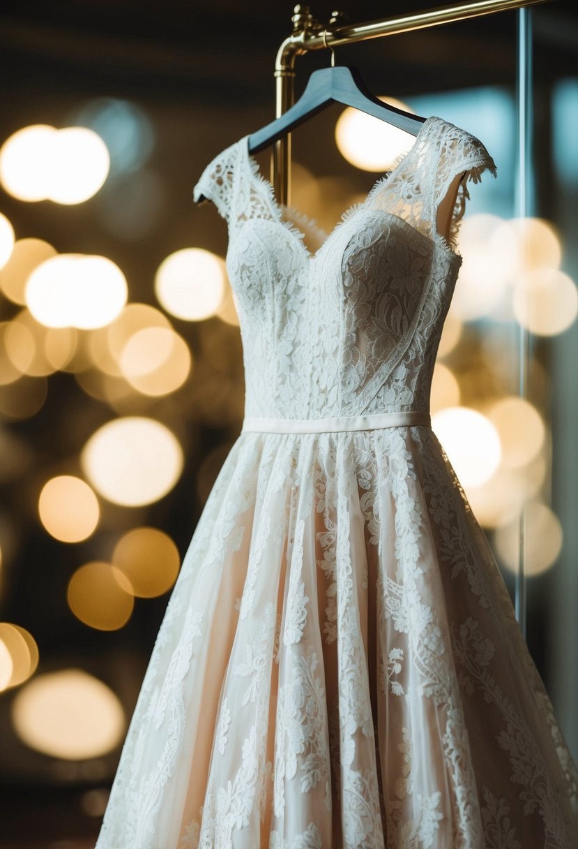 A lace fit-and-flare gown hanging on a vintage-inspired mannequin