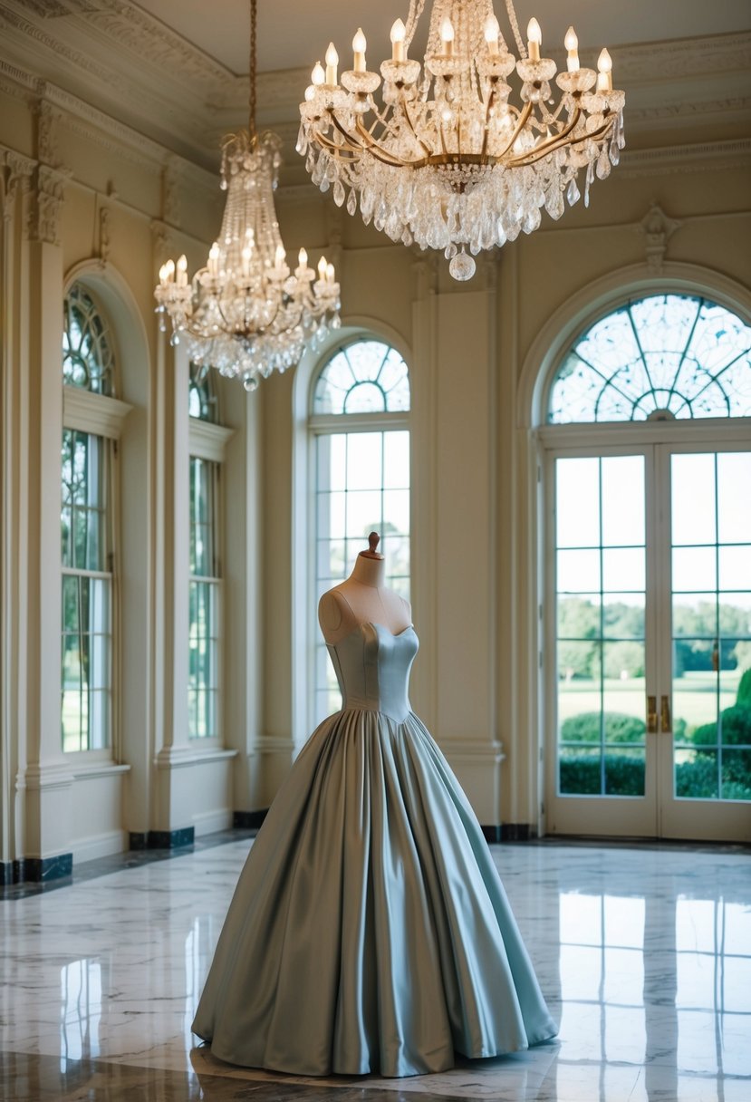 A grand ballroom with crystal chandeliers, a marble floor, and large windows overlooking a garden. A vintage-inspired satin ball gown hangs on a mannequin in the center of the room