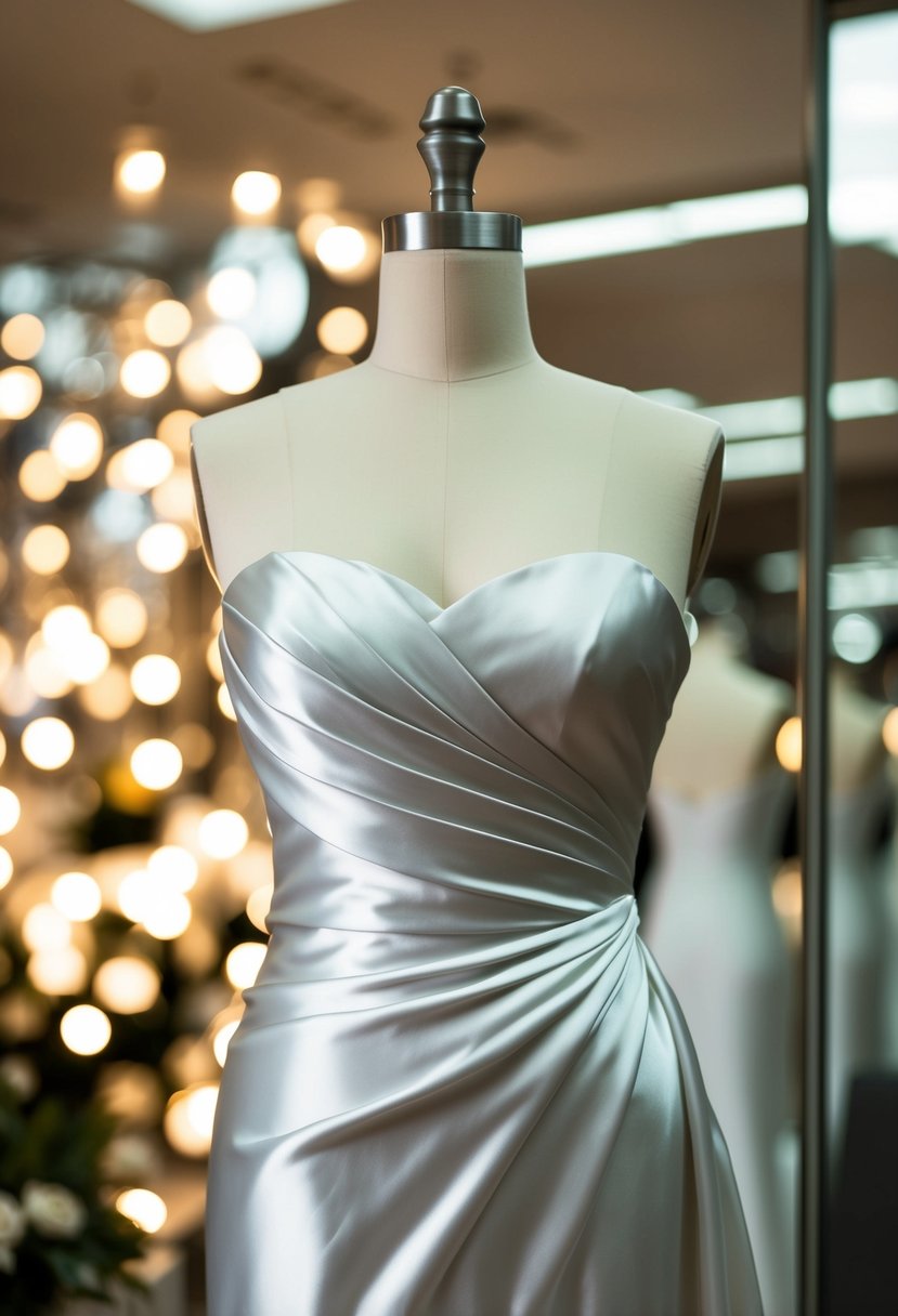 A sleek silk satin sheath wedding dress drapes over a mannequin, the fabric hugging the curves and shimmering in the light