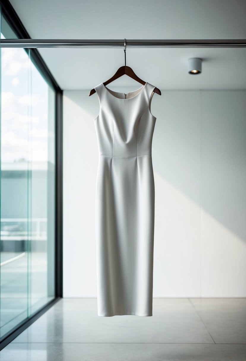 A sleek, minimalist sheath dress with cap sleeves hangs on a hanger against a clean, modern backdrop