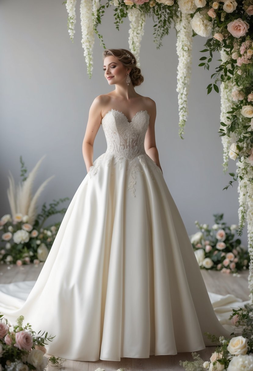 A bride in a vintage-inspired trumpet dress, standing in a soft, romantic setting with cascading flowers and elegant decor