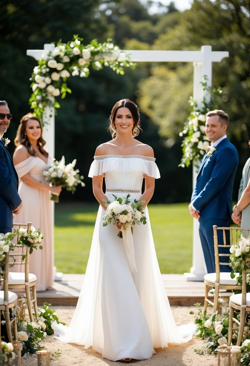 An outdoor wedding ceremony with a boho chic off-the-shoulder wedding dress, surrounded by elegant and classy decor