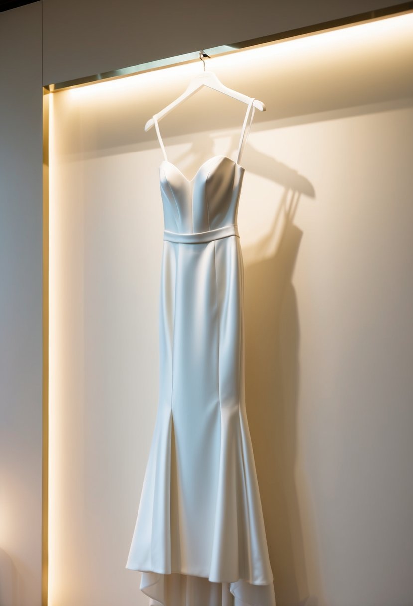 A sleek, form-fitting wedding dress hanging on a minimalist display, with soft lighting highlighting the elegant lines and luxurious fabric