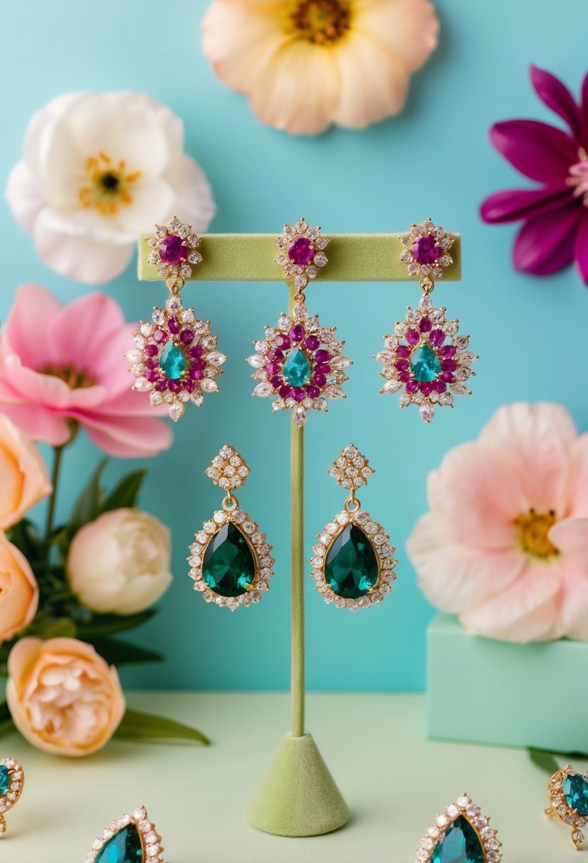 A display of vibrant wedding earrings arranged on a pastel-colored background, with delicate floral and gemstone designs