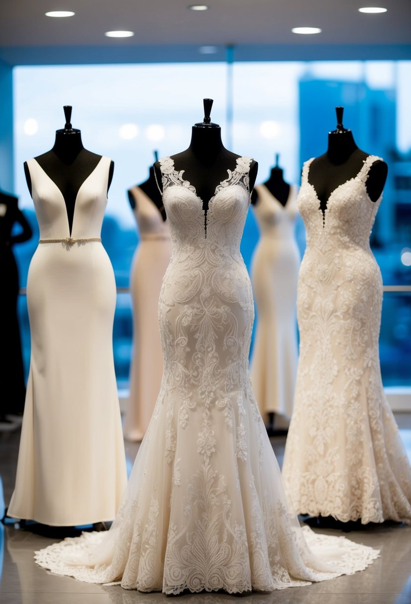 A collection of form-fitting wedding dresses displayed on mannequins in a sleek, modern showroom