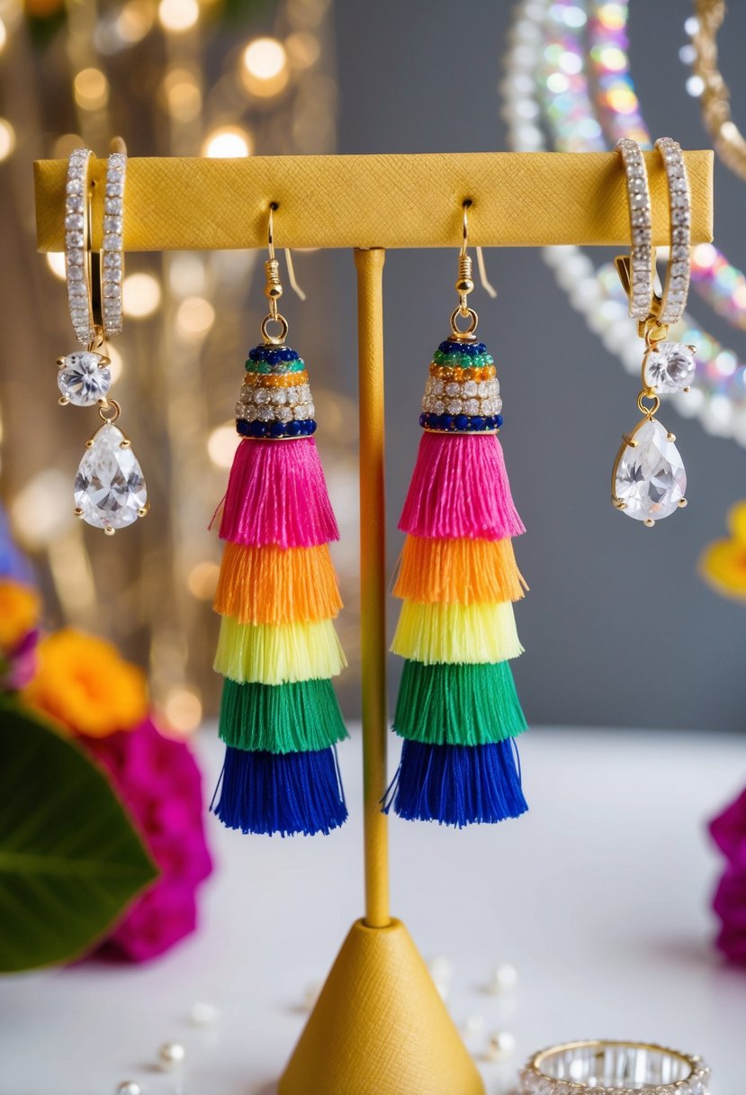 A pair of rainbow tassel earrings hanging from a jewelry stand, surrounded by other colorful and sparkling wedding accessories