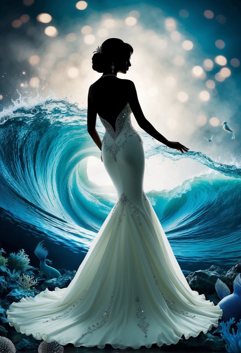 A mermaid silhouette in an elegant, flowing wedding dress, adorned with embellishments and intricate details, set against a backdrop of swirling ocean waves and sparkling sea creatures