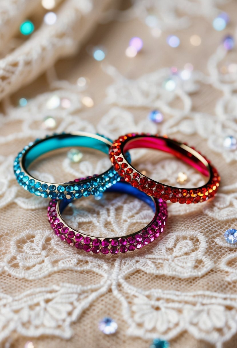 A close-up of sparkling Swarovski crystal hoops in vibrant colors, arranged on a delicate lace fabric background