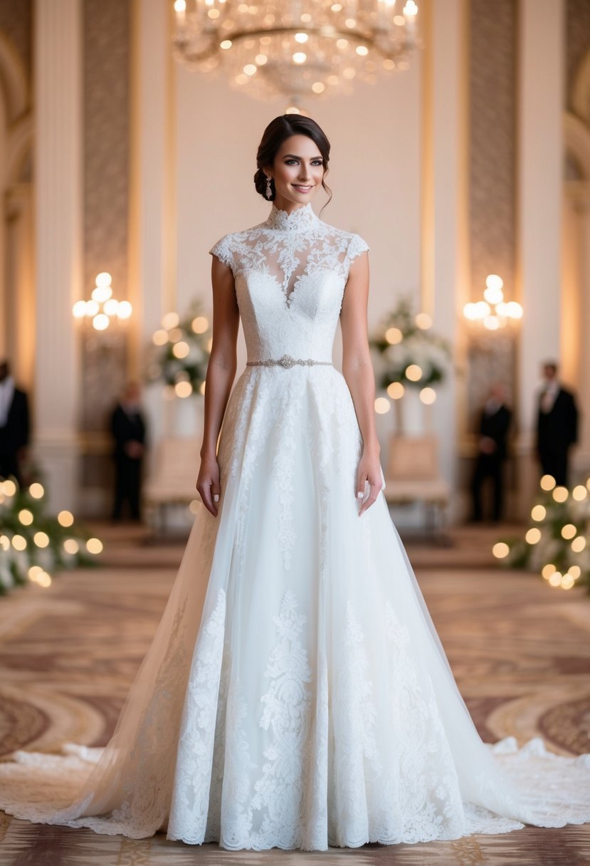 A bride stands in a grand ballroom wearing a classic high-neck lace gown, surrounded by opulent decor and soft, romantic lighting