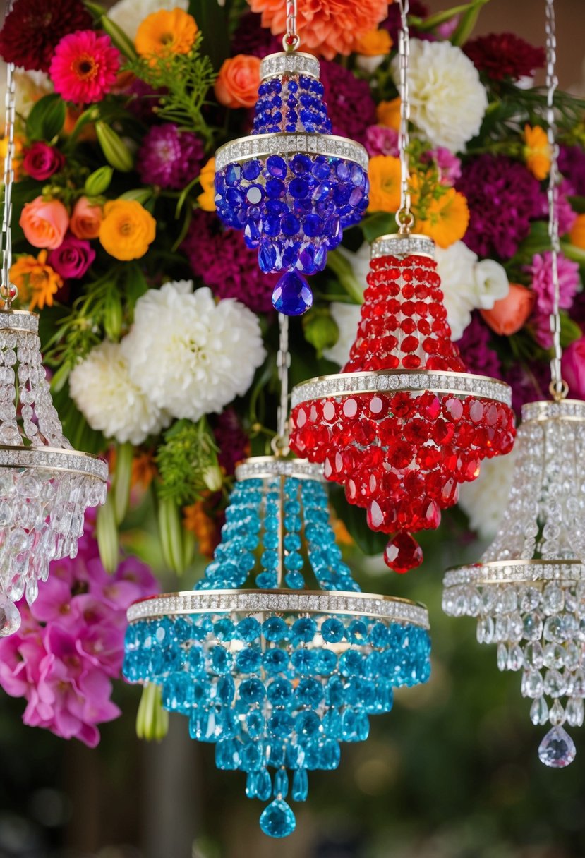 Colorful gemstone chandeliers hang among vibrant floral arrangements, inspiring wedding earring ideas