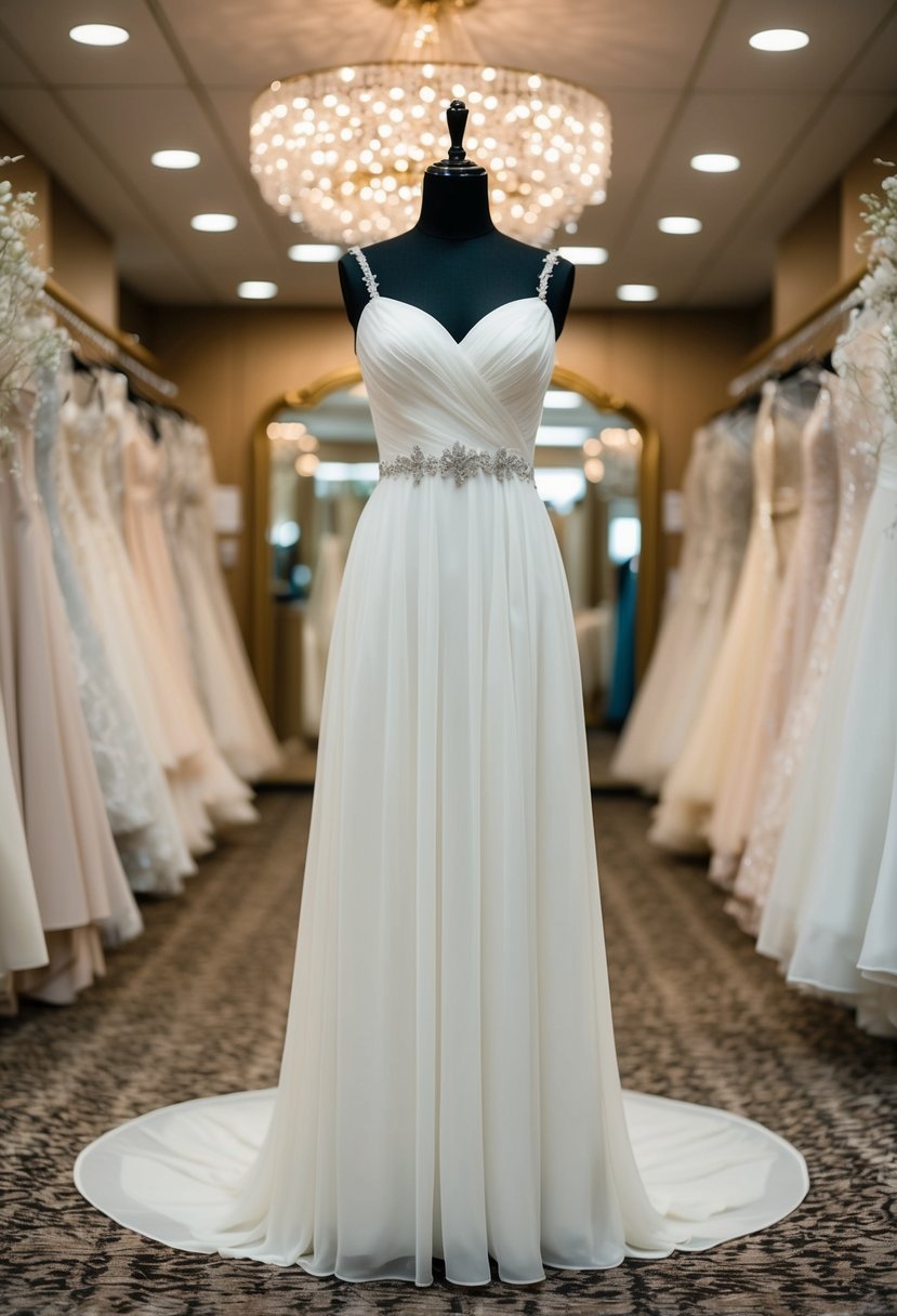 An elegant chiffon empire waist wedding dress displayed on a mannequin in a luxurious bridal boutique