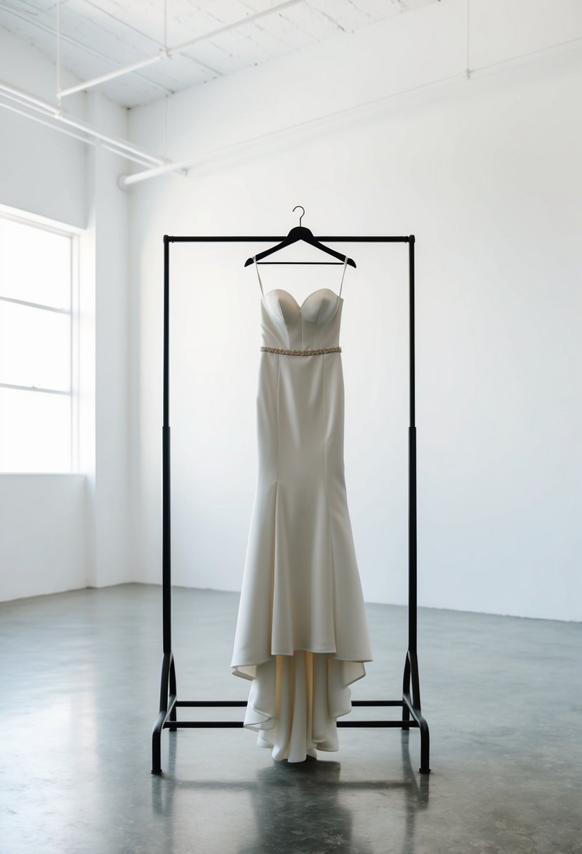 A sleek, form-fitting wedding dress hangs on a minimalist metal clothing rack in a bright, airy studio with clean, white walls and polished concrete floors