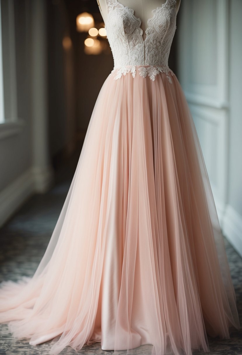 A blush tulle skirt flows down from a lace bodice, creating an elegant and classy wedding dress