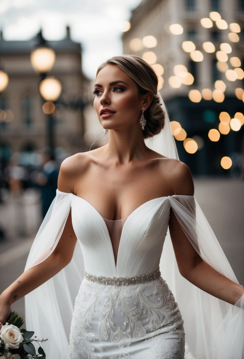 A bride stands in an off-shoulder, tight-fitted wedding dress, exuding glamour and elegance