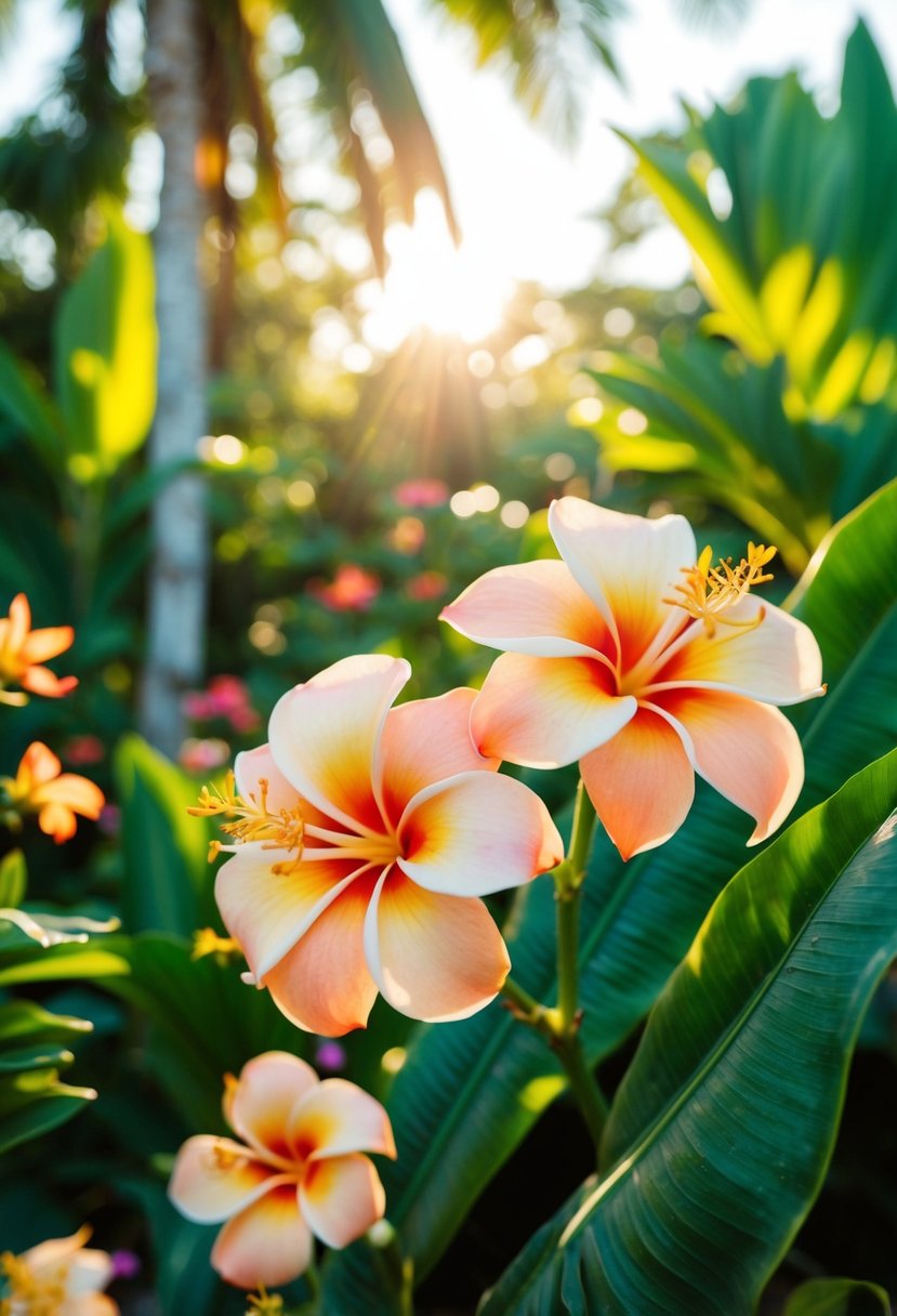 A lush tropical garden with vibrant flowers and golden sunlight, showcasing elegant rose gold earrings