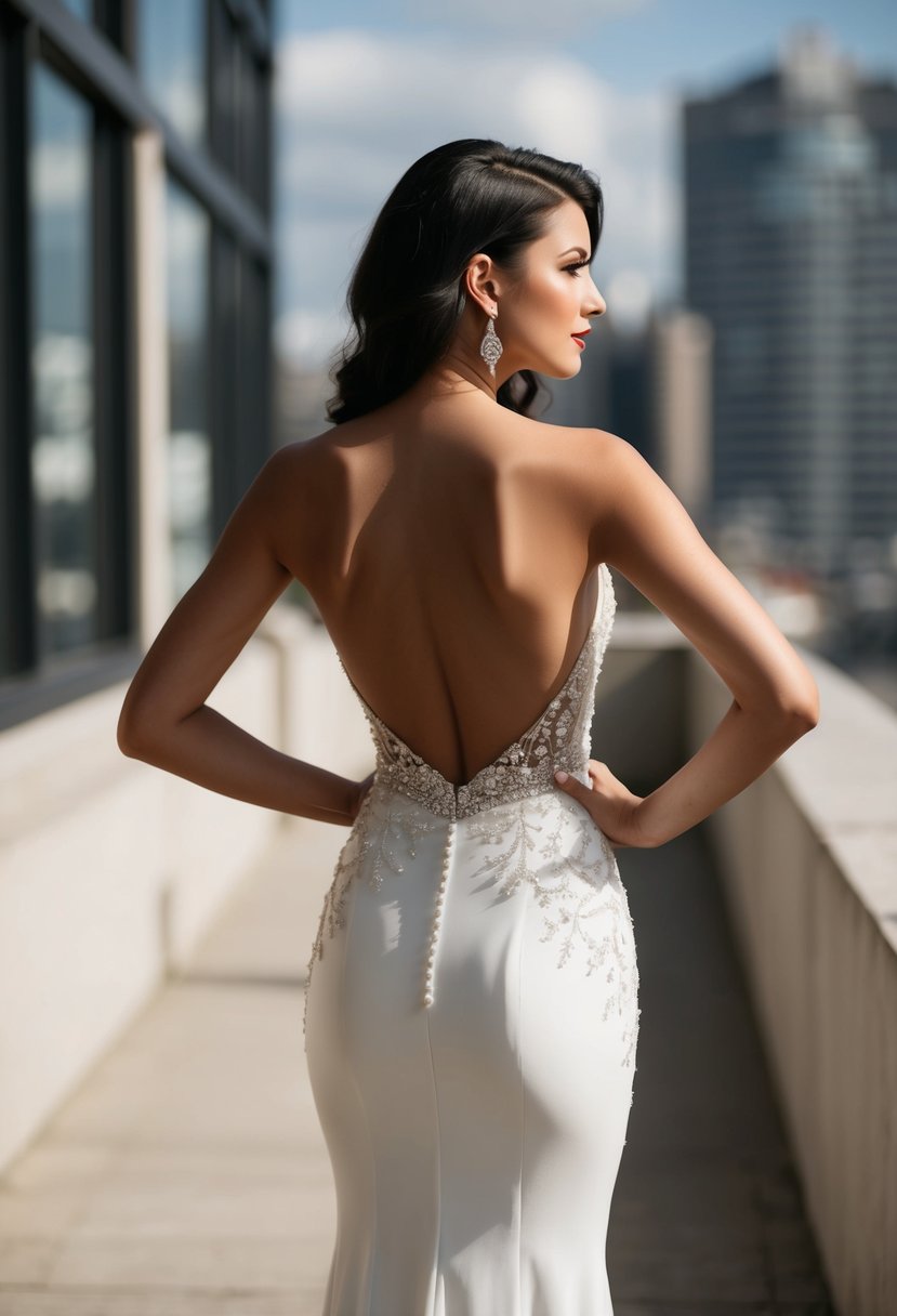 A sleek, form-fitting wedding dress with a striking backless design, adorned with intricate lace or beading