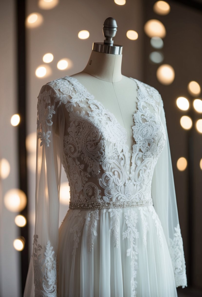 A mannequin adorned with a sophisticated long-sleeve wedding dress, featuring elegant lace and intricate detailing