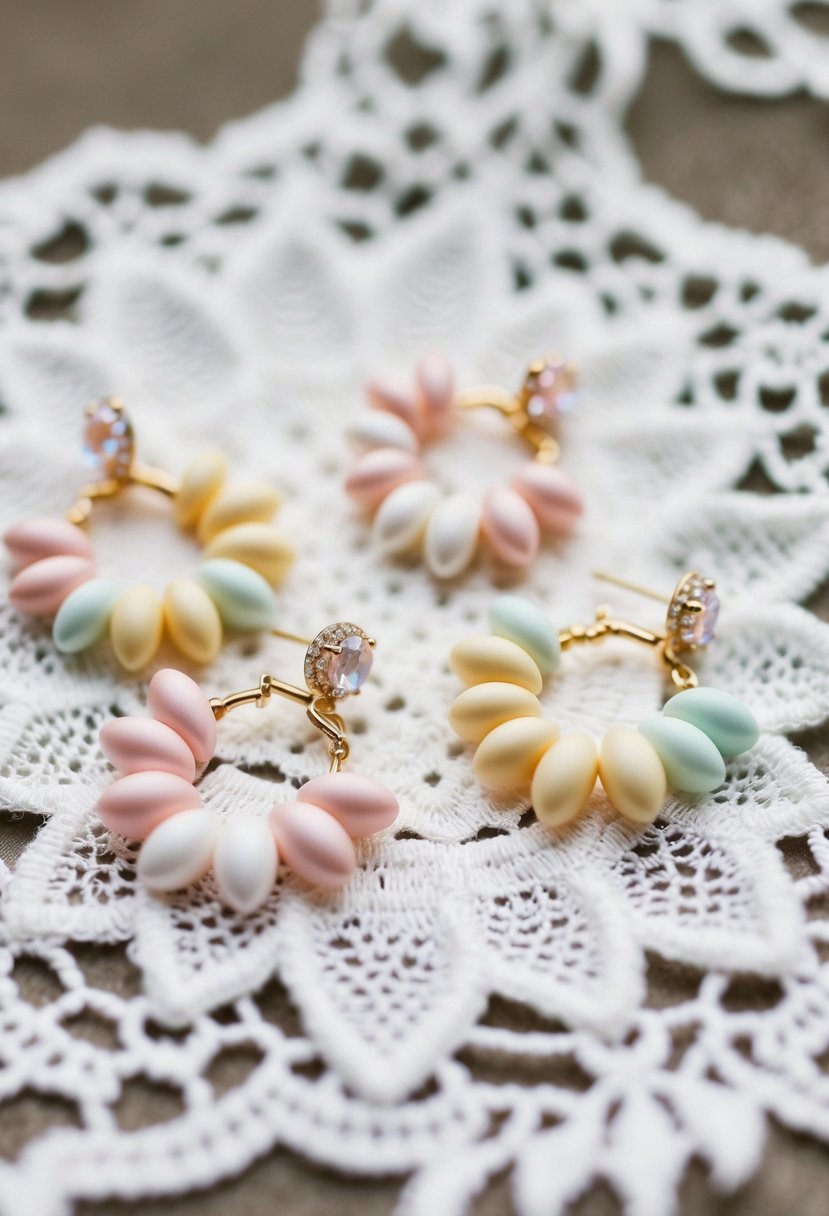 A cluster of pastel-colored wedding earrings arranged on a white lace background