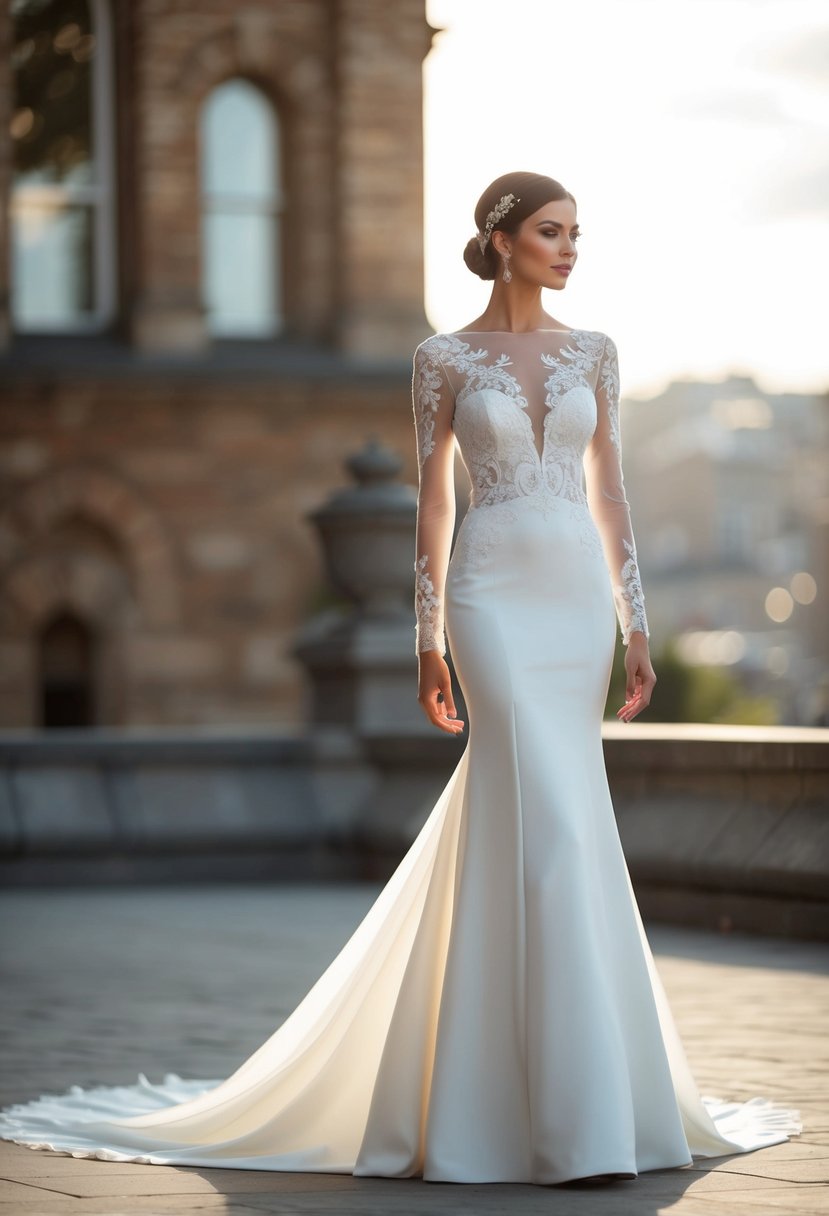 A sleek, form-fitting wedding dress with long sleeves, intricate lace detailing, and a flowing train