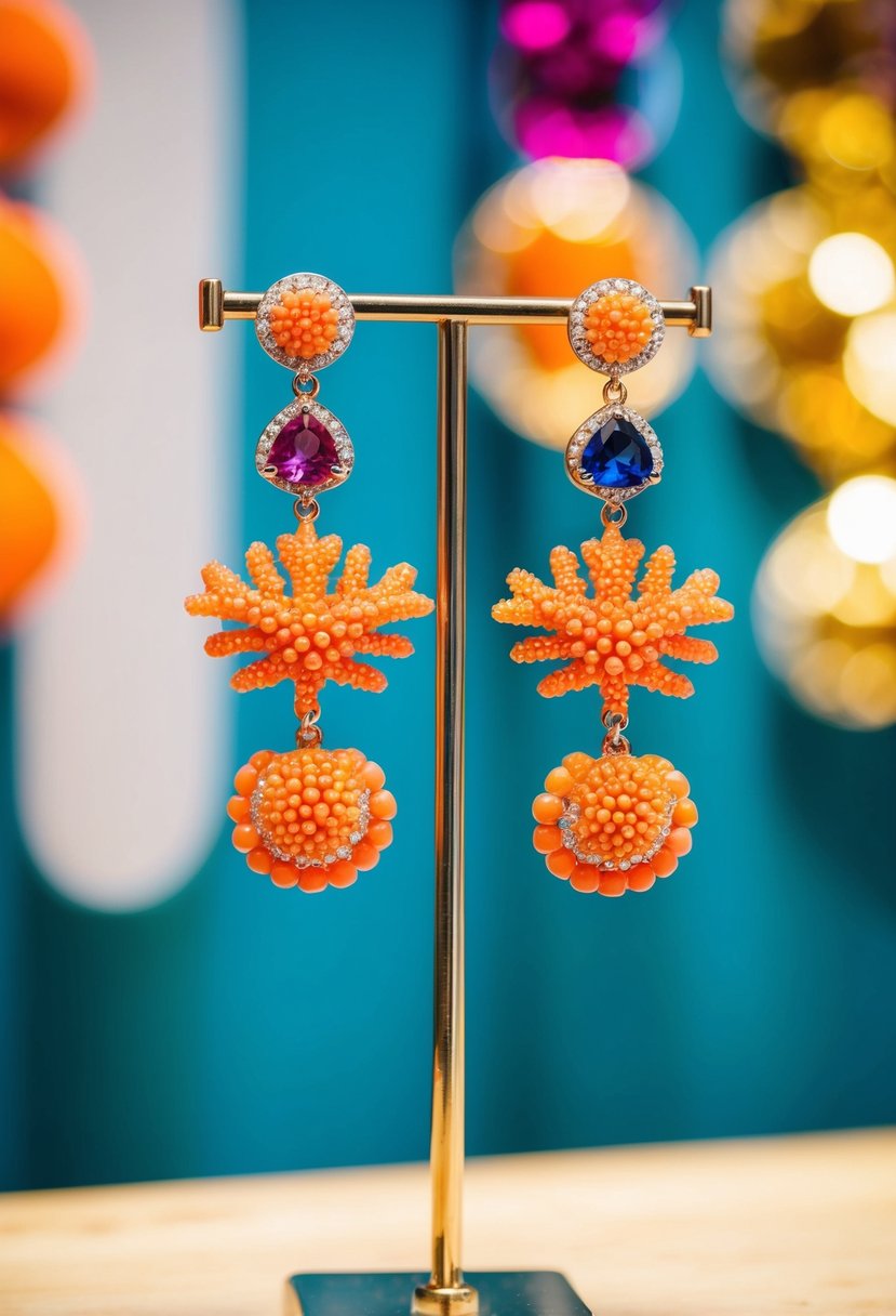 A pair of vibrant coral dangle earrings, adorned with colorful gemstones, hang elegantly on a display stand, catching the light and exuding a sense of joy and celebration