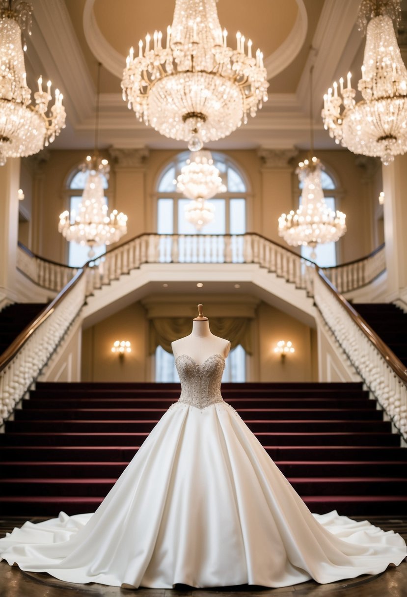 A grand ballroom with sparkling chandeliers and a grand staircase, showcasing a stunning sweetheart neckline ball gown