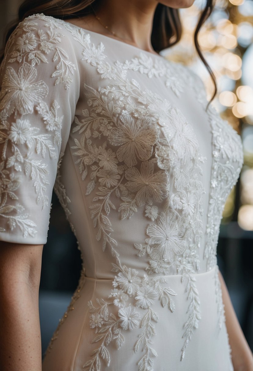 A close-up of a tight-fitted wedding dress with intricate floral embroidery cascading down the bodice and along the hemline