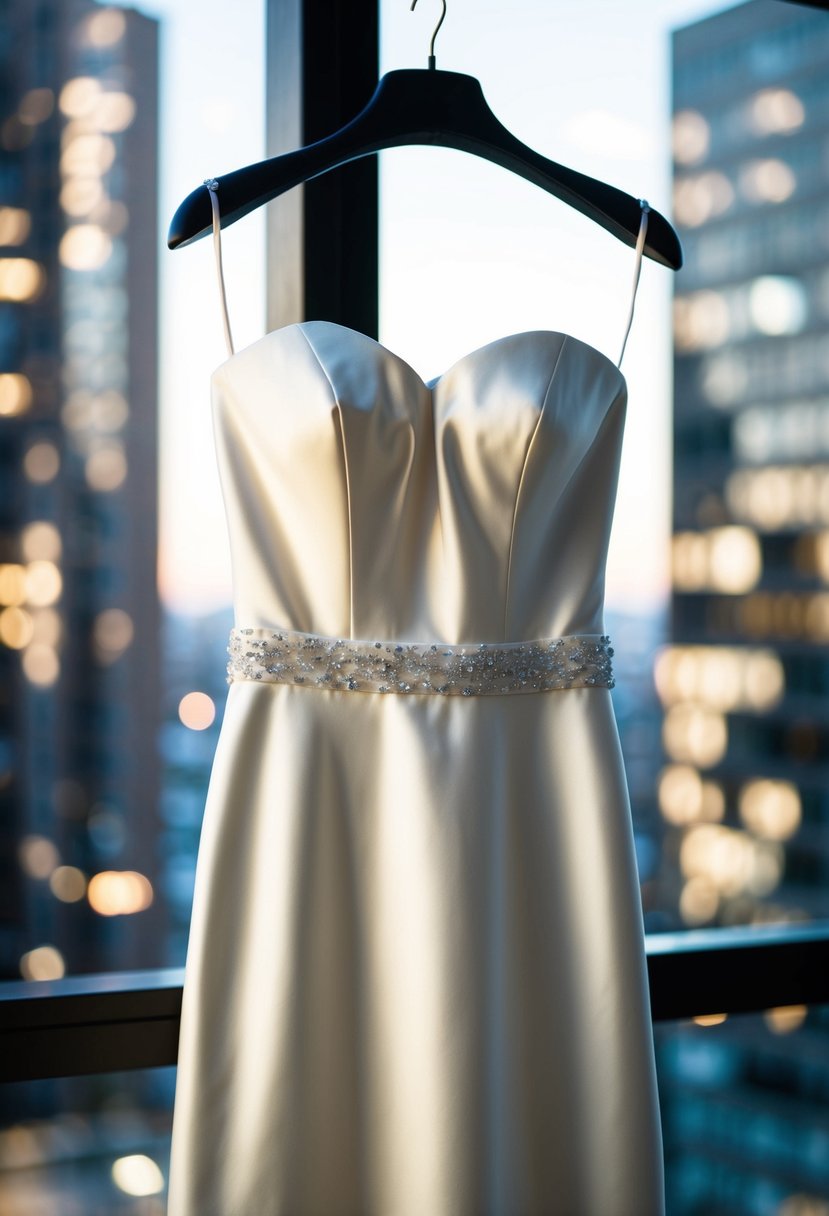 A strapless satin beauty wedding dress hanging on a sleek, modern mannequin