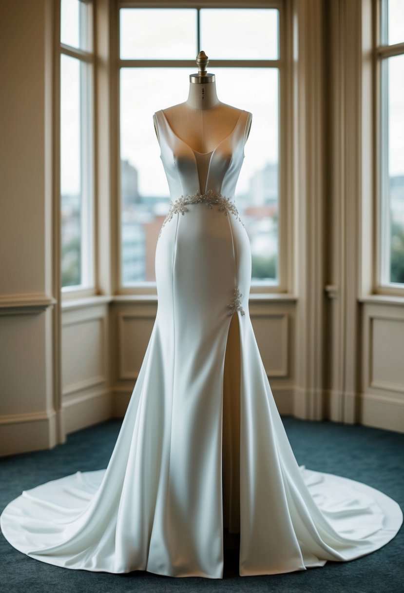 A modern Mikado wedding dress with a side slit, flowing train, and elegant details