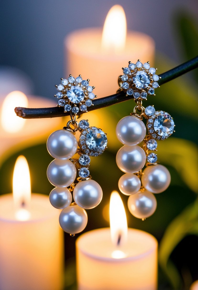 A pair of elegant, vibrant wedding earrings featuring a fusion of pearls and crystals, shimmering in the soft glow of candlelight